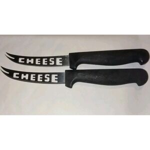 Vintage Cheese Knives Set of 2 Curved Stainless Steel Black Handle